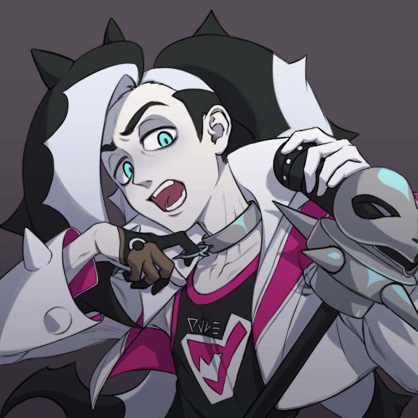 1boy, asymmetrical_gloves, black_hair, collar_tug, commentary_request, cropped_jacket, eyeshadow, gloves, green_eyes, grey_eyeshadow, hands_up, highres, holding, holding_microphone, jacket, long_hair, looking_at_viewer, makeup, male_focus, microphone, microphone_stand, mismatched_gloves, multicolored_hair, open_clothes, open_jacket, open_mouth, pale_skin, partially_fingerless_gloves, piers_(pokemon), pokemon, pokemon_(game), pokemon_swsh, shirt, solo, teeth, two-tone_hair, upper_body, white_hair, white_jacket, yvw777