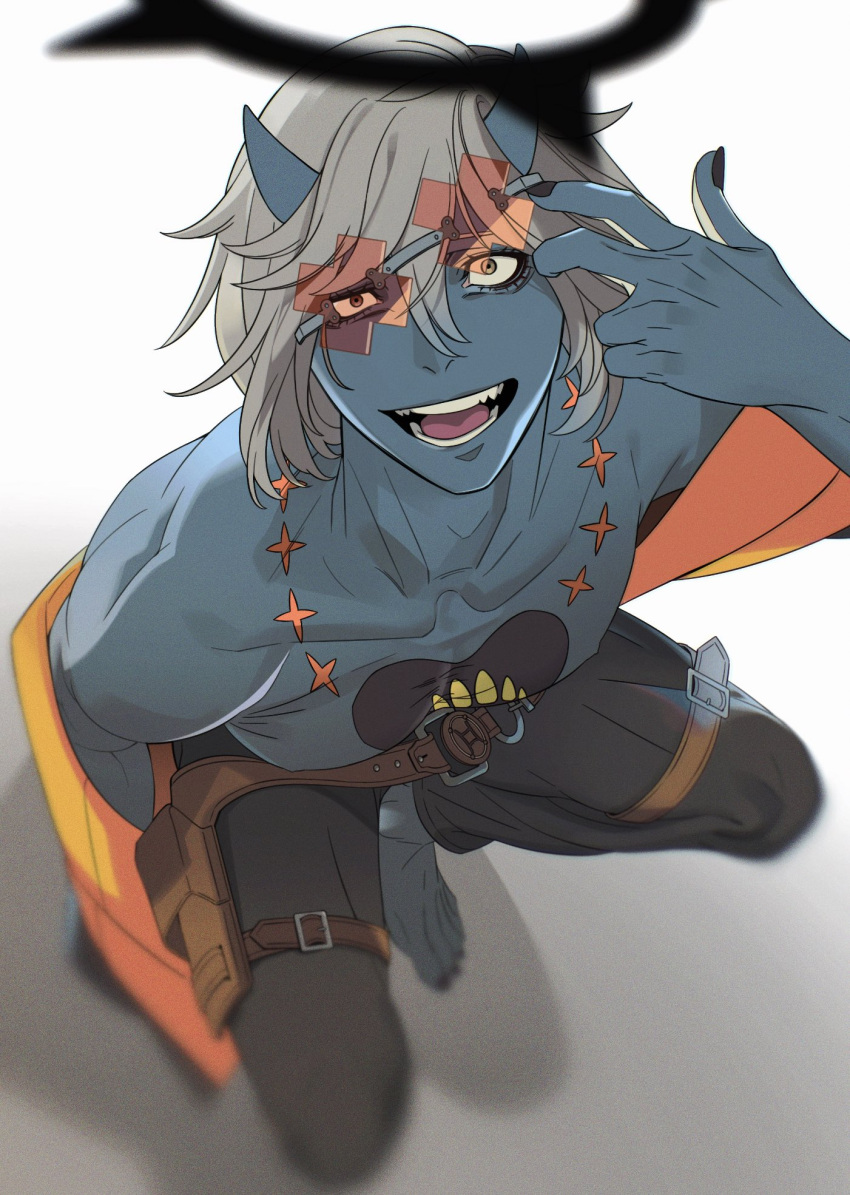 1boy, adjusting_eyewear, ark1478, black_nails, blue_horns, blue_skin, chest_tattoo, colored_skin, compass_rose_halo, dark_halo, grey_hair, guilty_gear, guilty_gear_strive, halo, happy_chaos, heart, heart_tattoo, highres, horns, looking_at_viewer, male_focus, medium_hair, open_mouth, orange-tinted_eyewear, pectorals, simple_background, sitting, smile, tattoo, tinted_eyewear, too_many_belts, x-shaped_eyewear, yellow_eyes