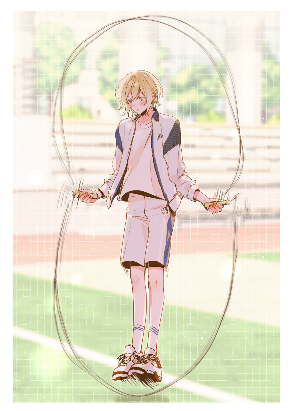 1boy, blonde_hair, blue_eyes, blue_jacket, blue_shorts, blush, eichi_turnr, ensemble_stars!