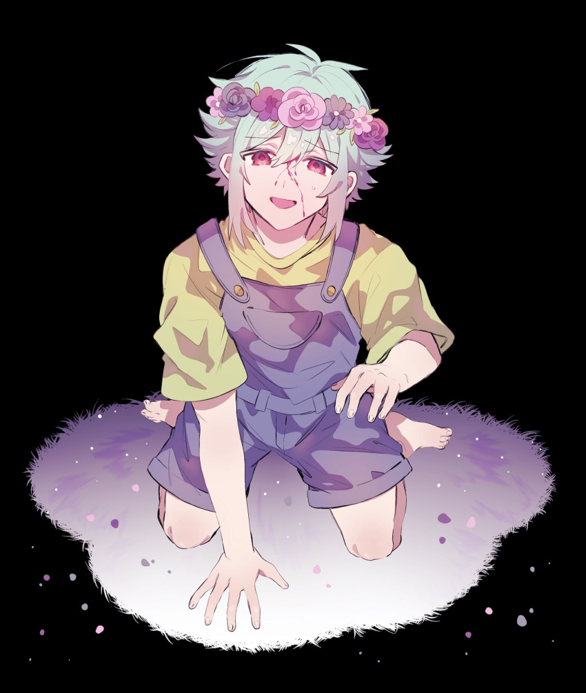 1boy, barefoot, basil_(omori), blood, blood_on_face, blue_overalls, flower, green_hair