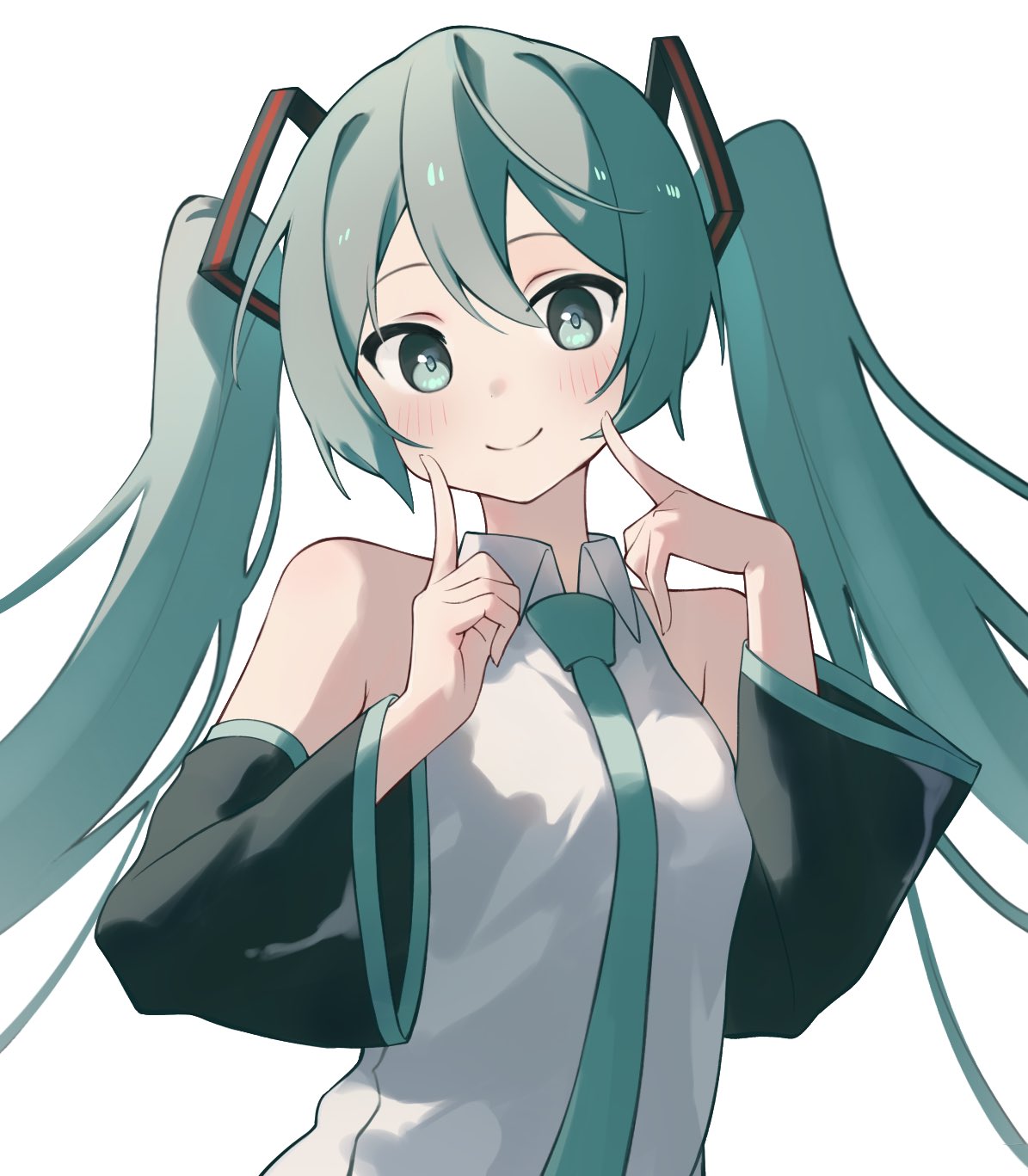 1girl, aqua_eyes, aqua_hair, black_sleeves, blue_necktie, blush, detached_sleeves, grey_shirt, hair_between_eyes, hair_ornament, hands_up, hatsune_miku, highres, long_hair, necktie, rakugaki_ningen, shirt, simple_background, sleeveless, sleeveless_shirt, smile, solo, twintails, very_long_hair, vocaloid, white_background