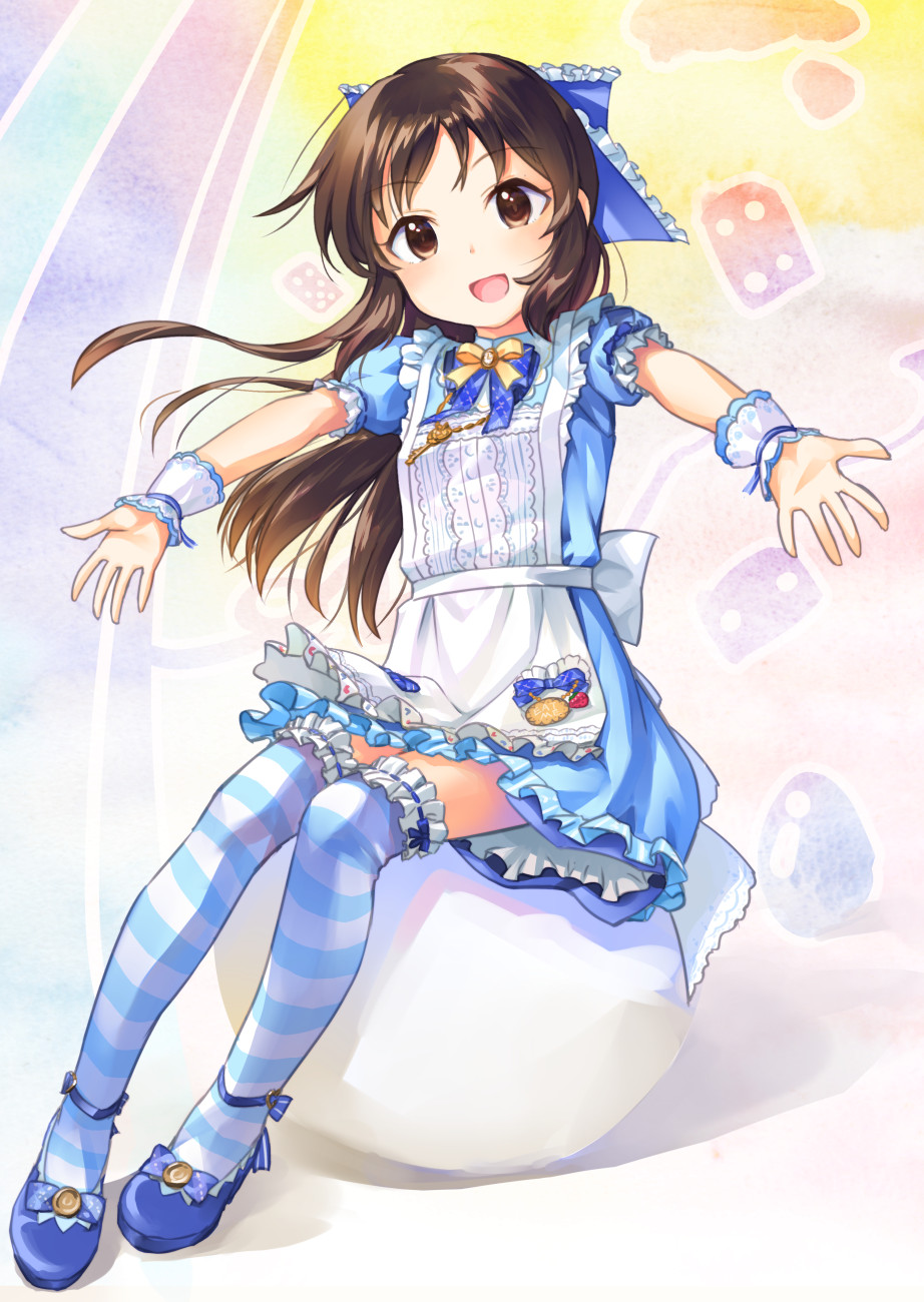 1girl, apron, blue_bow, blue_dress, blue_footwear, bow, bowtie, brown_eyes, brown_hair, commentary_request, dress, egg, floating_hair, frilled_apron, frilled_bow, frilled_thighhighs, frills, full_body, hair_bow, highres, idolmaster, idolmaster_cinderella_girls, idolmaster_cinderella_girls_starlight_stage, jewelry, kawaseki, key, key_necklace, long_hair, looking_at_viewer, multicolored_background, necklace, open_mouth, outstretched_arms, puffy_short_sleeves, puffy_sleeves, short_sleeves, sitting, smile, solo, spread_arms, striped, striped_thighhighs, tachibana_arisu, thigh-highs, white_apron, wrist_cuffs