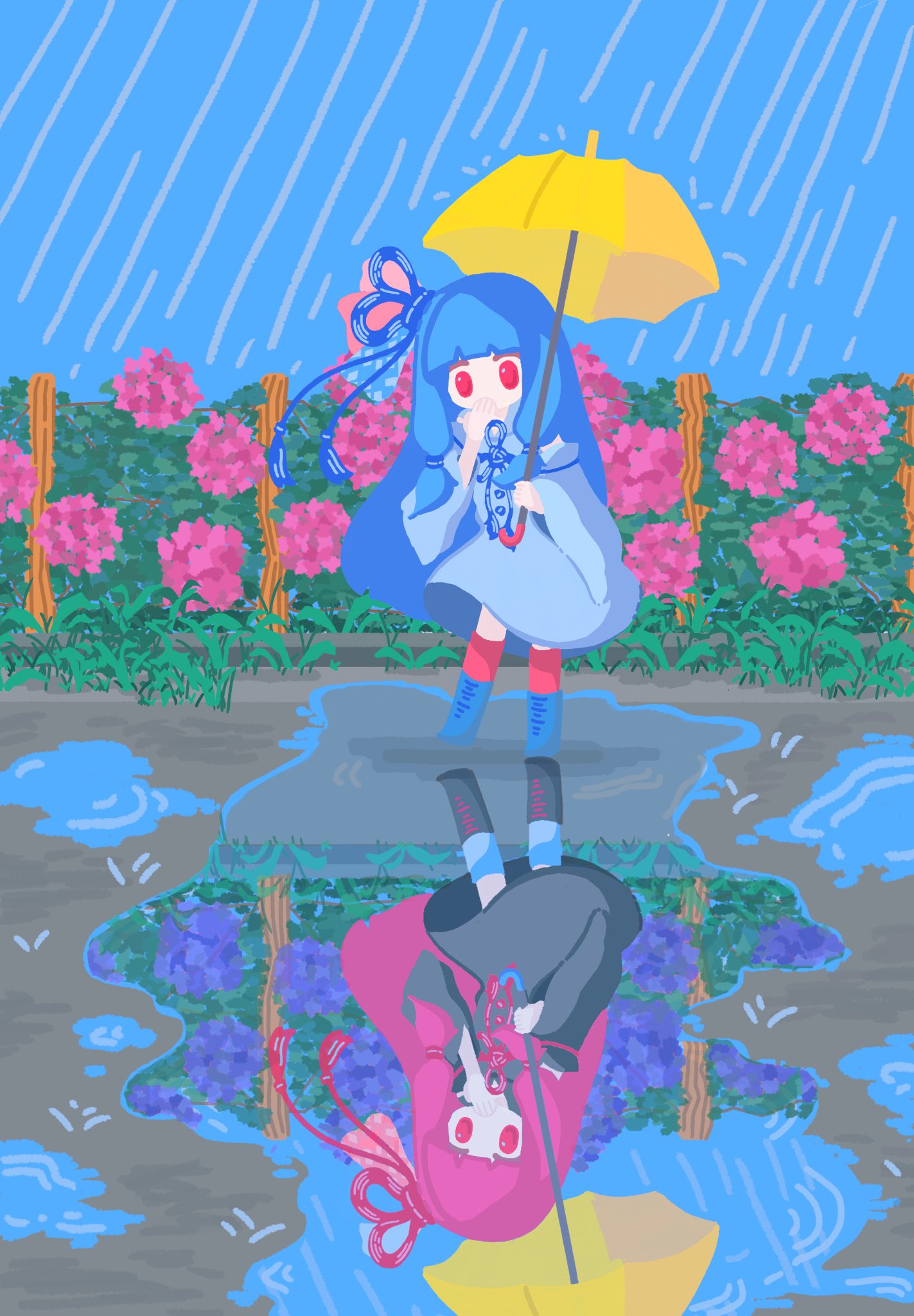 2girls, black_dress, black_footwear, blue_dress, blue_footwear, blue_hair, blue_sky, blue_socks, blunt_bangs, boots, commentary, covering_mouth, detached_sleeves, different_reflection, dress, flower, flower_knot, full_body, hair_ribbon, hand_over_own_mouth, hand_up, highres, holding, holding_umbrella, hydrangea, kanrei_touko, kneehighs, kotonoha_akane, kotonoha_aoi, long_hair, looking_at_another, looking_down, multiple_girls, outdoors, pink_flower, pink_hair, pink_socks, puddle, purple_flower, rain, red_eyes, reflection, reflective_water, ribbon, rotational_symmetry, siblings, sidelocks, sisters, sky, sleeve_garter, sleeveless, sleeveless_dress, socks, standing, standing_on_one_leg, umbrella, very_long_hair, voiceroid, weeds