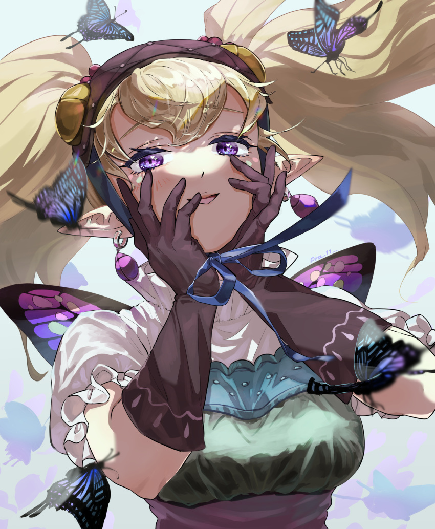 agitha, blonde_hair, bug, butterfly, earrings, elbow_gloves, frilled_shirt, frills, gloves, happy, highres, jewelry, looking_at_viewer, pointy_ears, pra_11, shirt, short_sleeves, the_legend_of_zelda, the_legend_of_zelda:_twilight_princess, twintails, violet_eyes