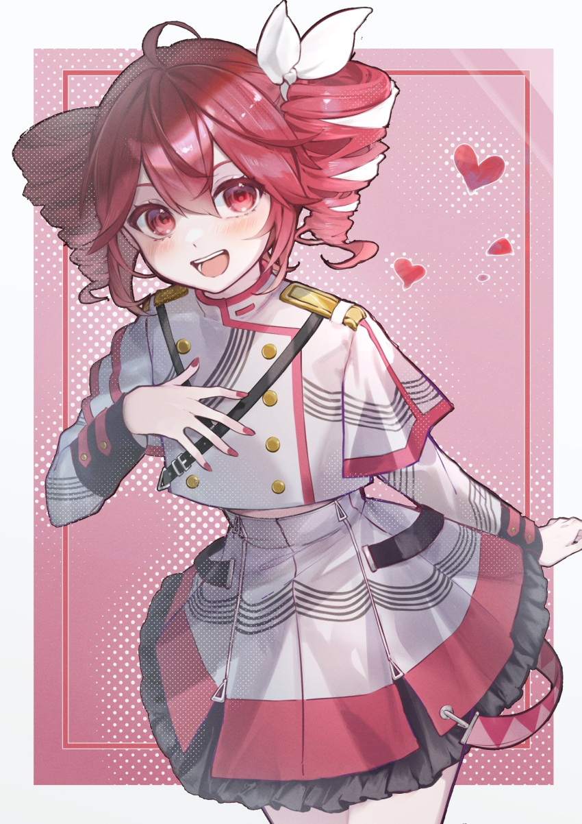 1girl, :d, ahoge, belt, border, bow, buttons, commentary