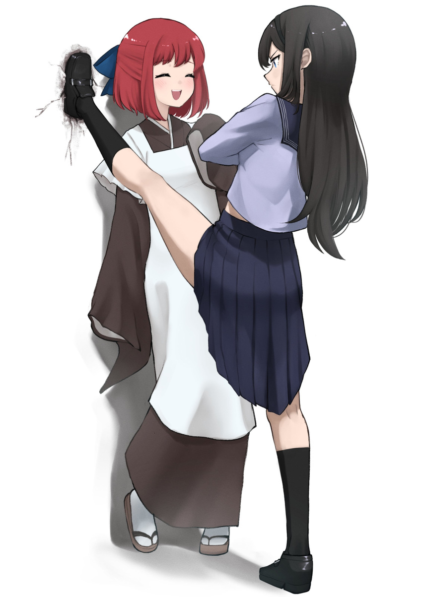 2girls, absurdres, apron, black_footwear, black_hair, black_hairband, black_socks, blouse