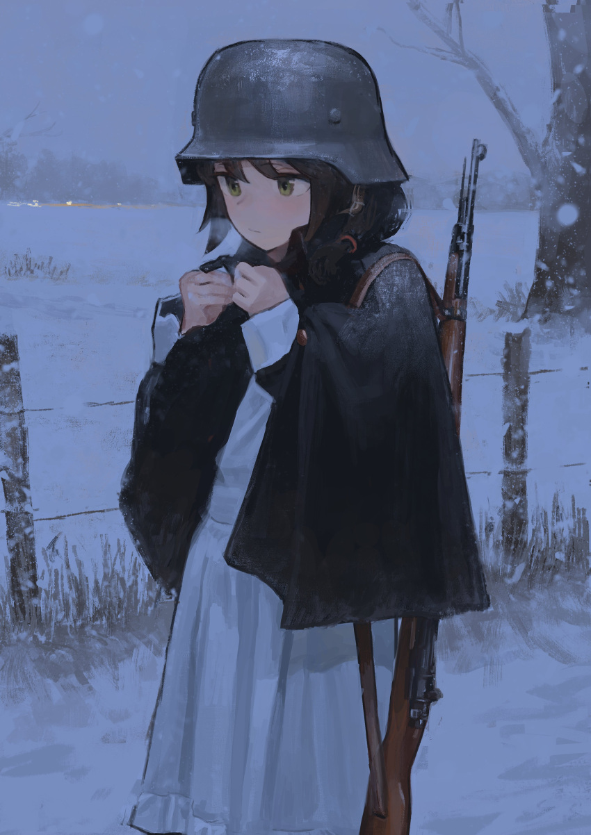 1girl, absurdres, bare_tree, black_capelet, blush, breath, brown_hair, capelet