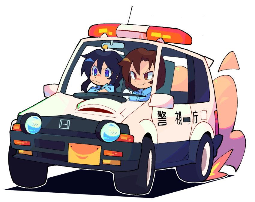 2girls, bacun, black_hair, blue_eyes, brown_hair, car, chibi, driving, dust_cloud, flashing_light, ground_vehicle, highres, honda, honda_today, kobayakawa_miyuki, long_hair, medium_hair, motor_vehicle, multiple_girls, police, police_car, police_uniform, policewoman, smile, taiho_shichauzo, transparent_background, tsujimoto_natsumi, uniform, vehicle_focus