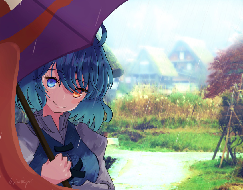1girl, absurdres, ahoge, blue_eyes, blue_hair, closed_mouth, commentary, heterochromia