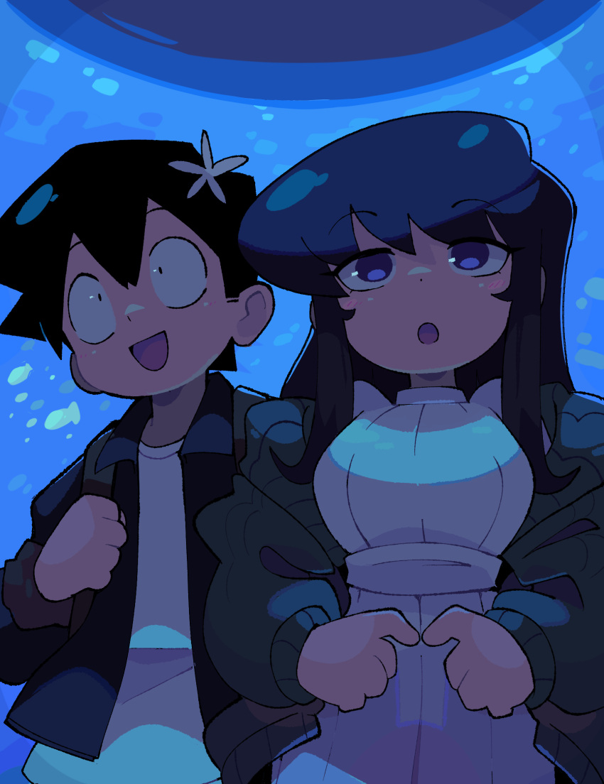 1boy, 1girl, aquarium, backpack, bacun, bag, black_hair, breasts, cardigan, dress, fish, flower, hair_flower, hair_ornament, highres, index_fingers_together, indoors, jacket, komi-san_wa_komyushou_desu, komi_shouko, long_hair, open_mouth, purple_hair, short_hair, smile, tadano_hitohito, violet_eyes, white_dress
