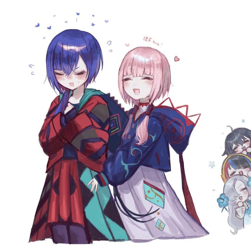 5girls, :3, =_=, ahoge, black_hair, black_leggings, blue_dress, blue_flower