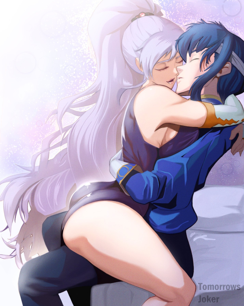 1boy, 1girl, arms_around_back, arms_around_neck, ass, bare_shoulders, blue_hair, closed_eyes