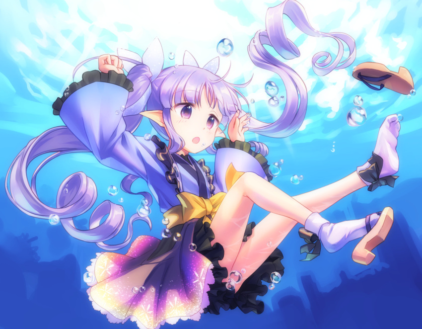 1girl, air_bubble, blunt_bangs, bow, bubble, commentary_request, elf, frilled_kimono