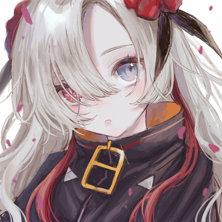 1girl, black_coat, coat, commentary_request, falling_petals, flower, glint, grey_eyes