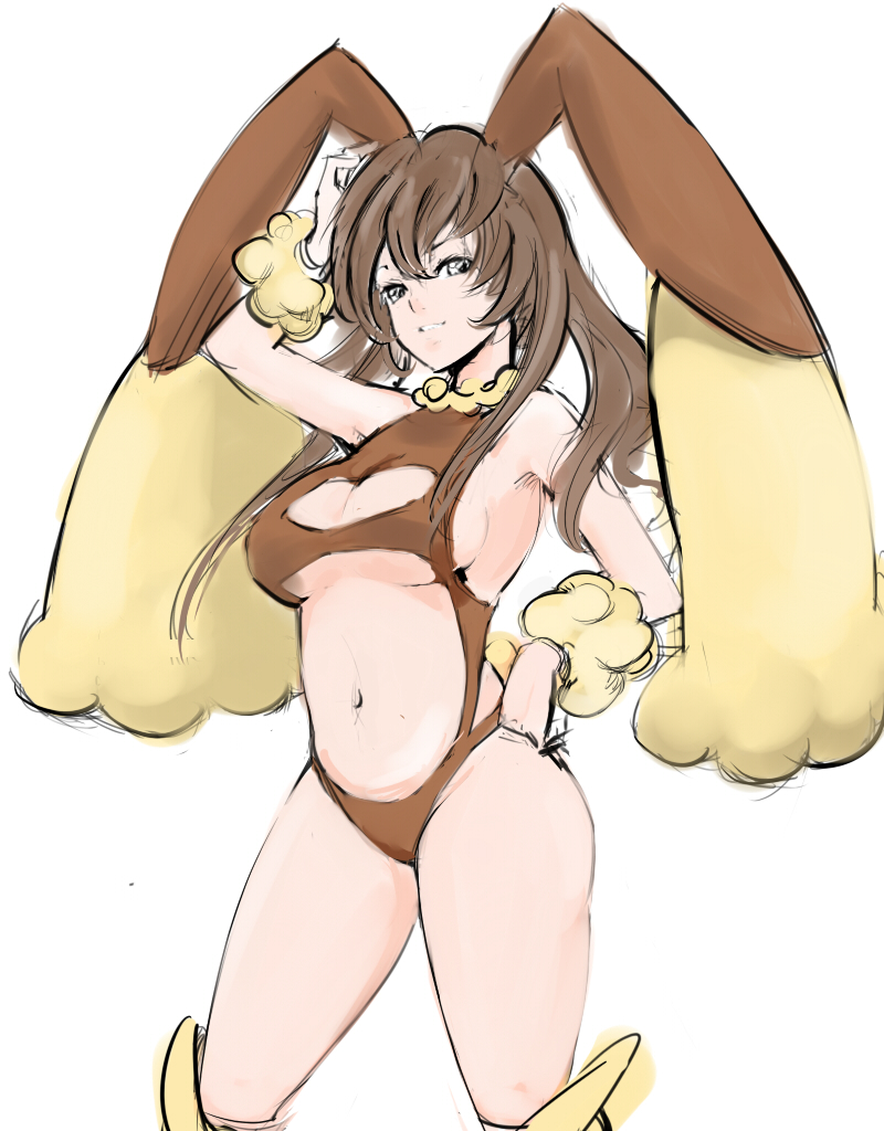 breasts, brown_hair, bunny_ears, bunny_tail, cleavage, cleavage_cutout, curvy, grin, hand_on_hip, large_breasts, leotard, long_hair, lopunny, midriff, navel, personification, pokemon, pose, rabbit_ears, sideboob, simple_background, smile, solo, tail, underboob, white_background, xinjing
