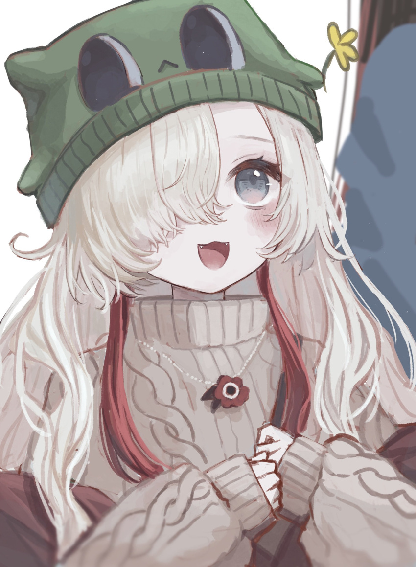 1girl, :3, absurdres, aran_sweater, beanie, blush, brown_sweater, cable_knit