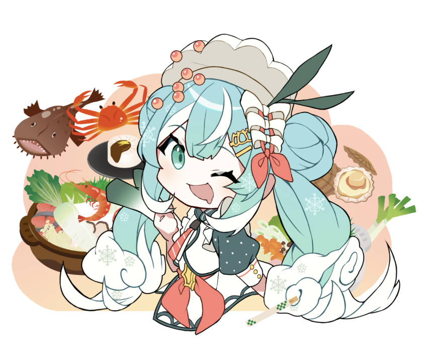 1girl, aburi_iwashi, aqua_eyes, aqua_hair, aqua_sleeves, bow, bowtie, chibi, chopsticks, commentary, cooking_pot, crab, crab_hair_ornament, daikon, double_bun, drooling, food, food-themed_hair_ornament, frilled_shirt, frills, green_ribbon, hair_bun, hair_ornament, hair_ribbon, hairclip, hatsune_miku, holding, holding_food, holding_spring_onion, holding_vegetable, ikura_(food), long_hair, looking_at_viewer, monkfish, mouth_drool, mushroom, nabe, necktie, one_eye_closed, open_mouth, pink_bow, pink_bowtie, pink_necktie, pink_ribbon, polka_dot_sleeves, radish, ribbon, scallop, shell, shirt, short_necktie, short_sleeves, shrimp, smile, snow_crab, snowflake_print, solo, spring_onion, vegetable, very_long_hair, vocaloid, wavy_hair, white_hair, white_headwear, white_ribbon, yuki_miku