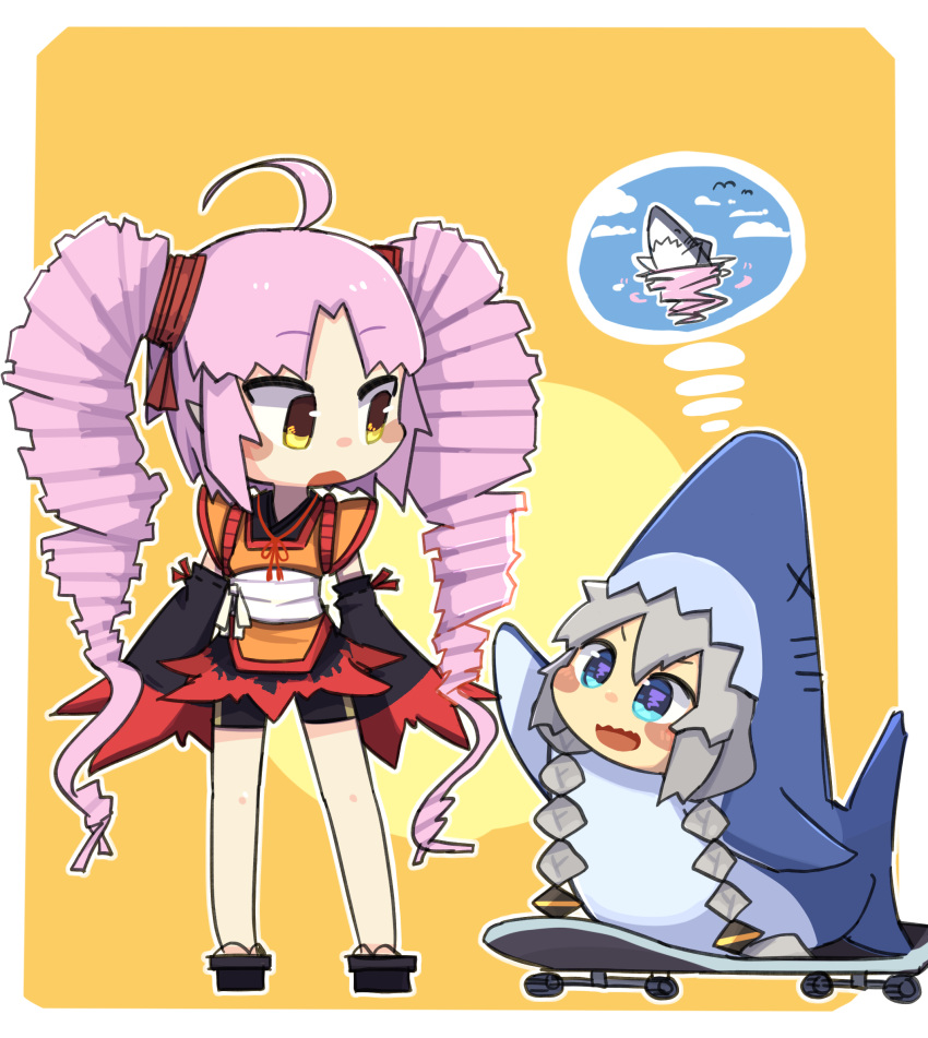 2girls, ahoge, animal_costume, black_sleeves, blue_eyes, blush_stickers, braid, chibi