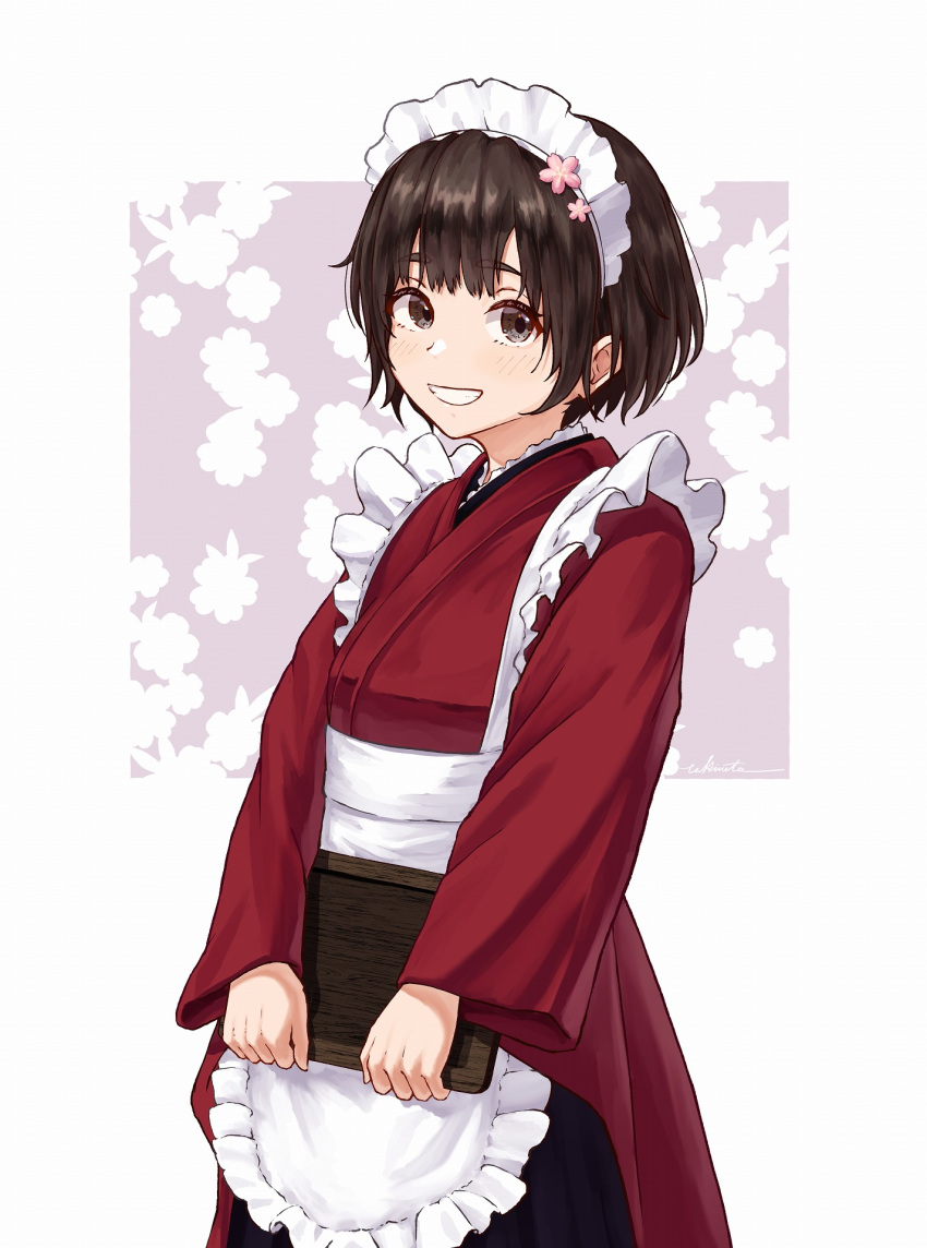 1girl, apron, brown_eyes, brown_hair, cowboy_shot, grin, hakama, hakama_skirt