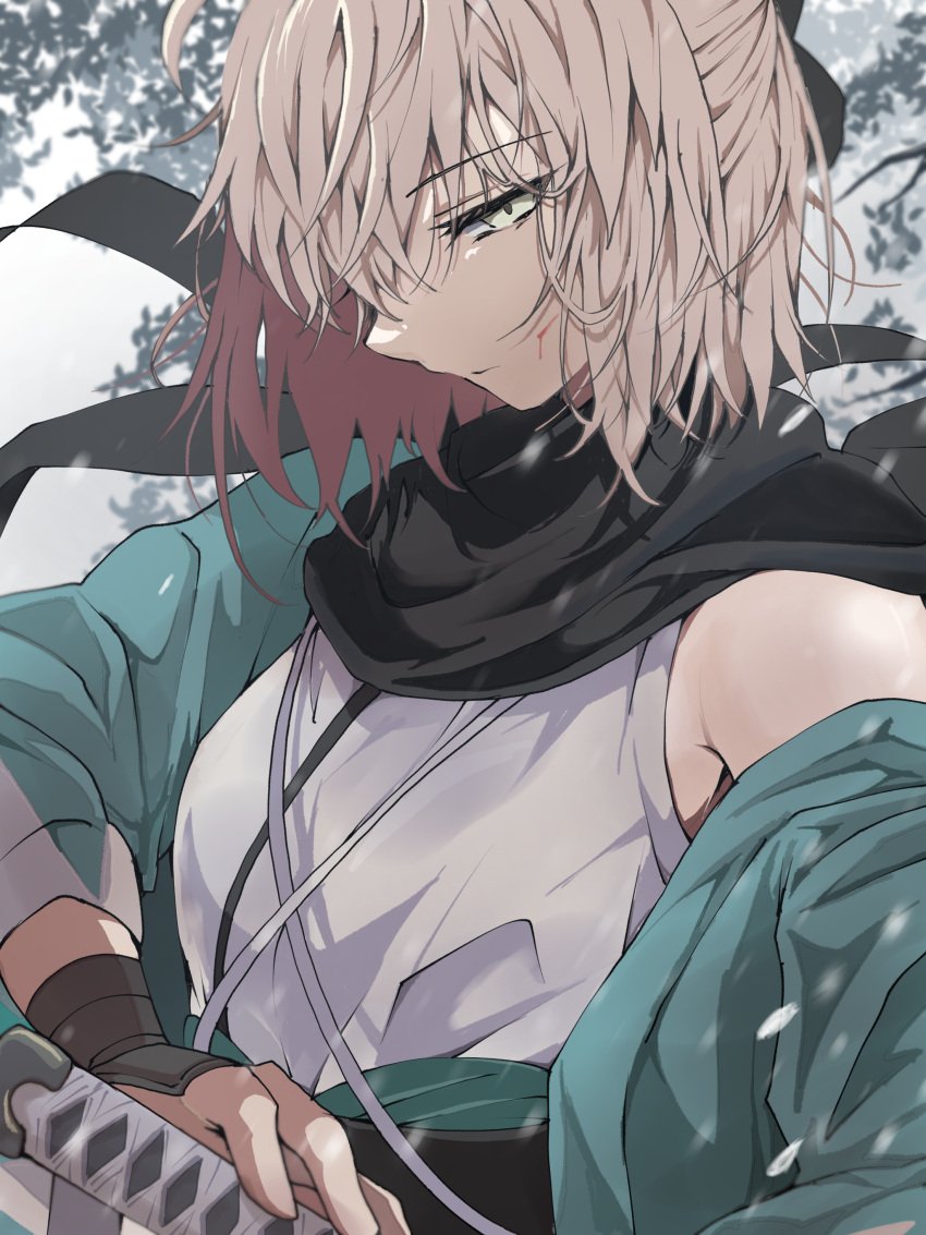 1girl, absurdres, blood, blood_on_face, drawing_sword, expressionless, fate/grand_order, fate_(series)