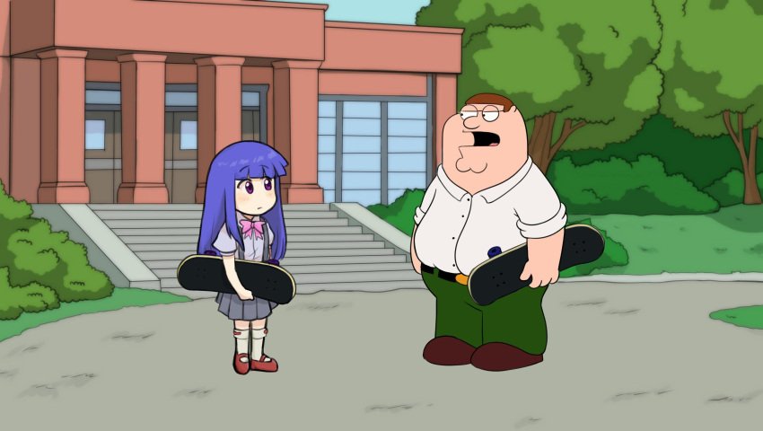 1boy, 1girl, age_difference, belt, blue_hair, blunt_bangs, bow, bowtie