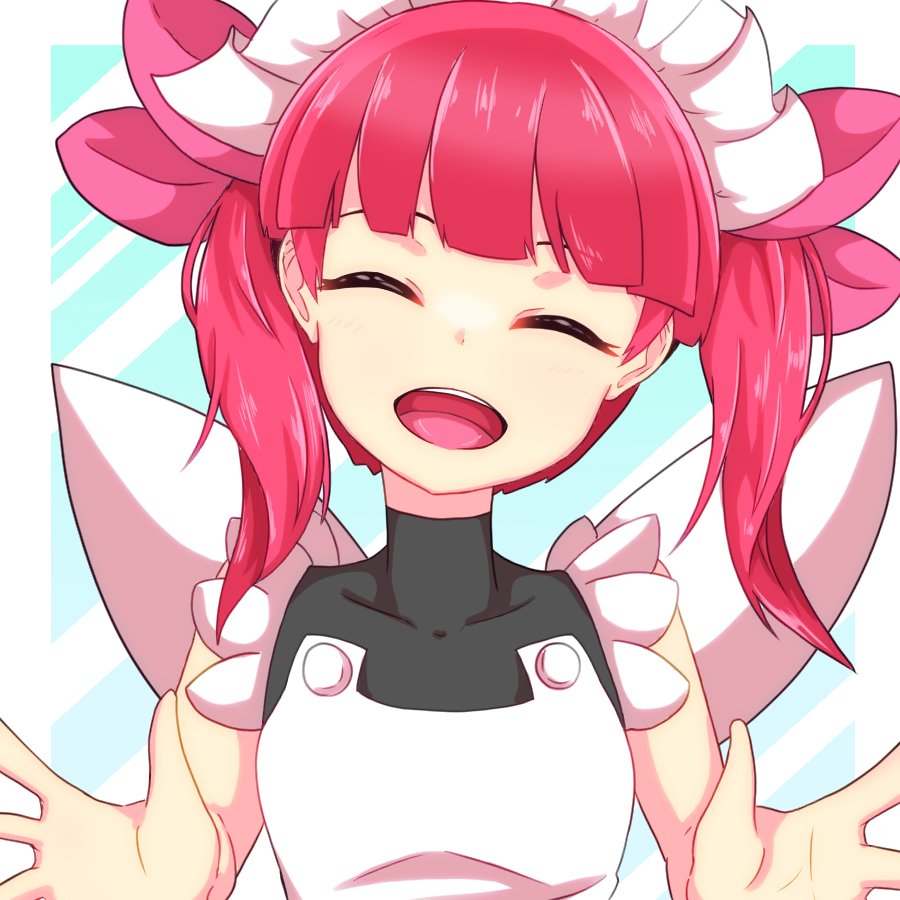 1girl, :d, ^_^, bare_arms, blunt_bangs, border, closed_eyes, commentary_request