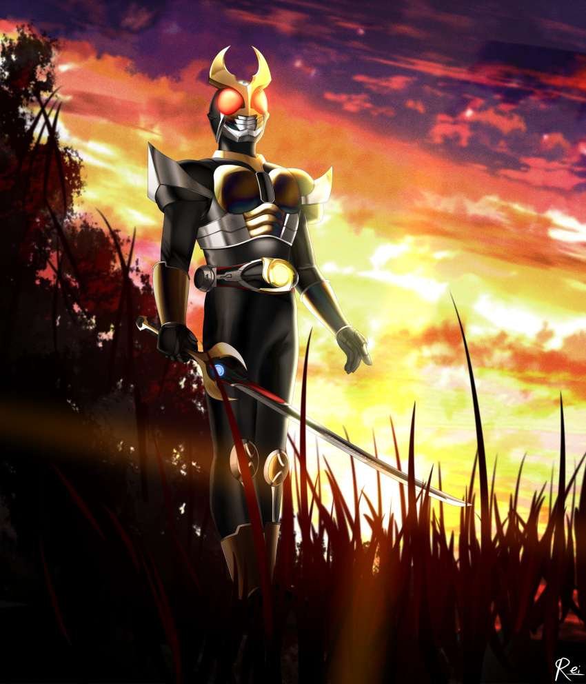 1boy, absurdres, agito_(ground_form), altering_(agito), black_bodysuit, bodysuit, english_commentary, flame_saber