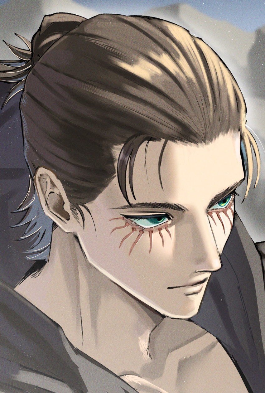 1boy, brown_hair, closed_mouth, collarbone, eren_yeager, from_above, green_eyes, hair_bun