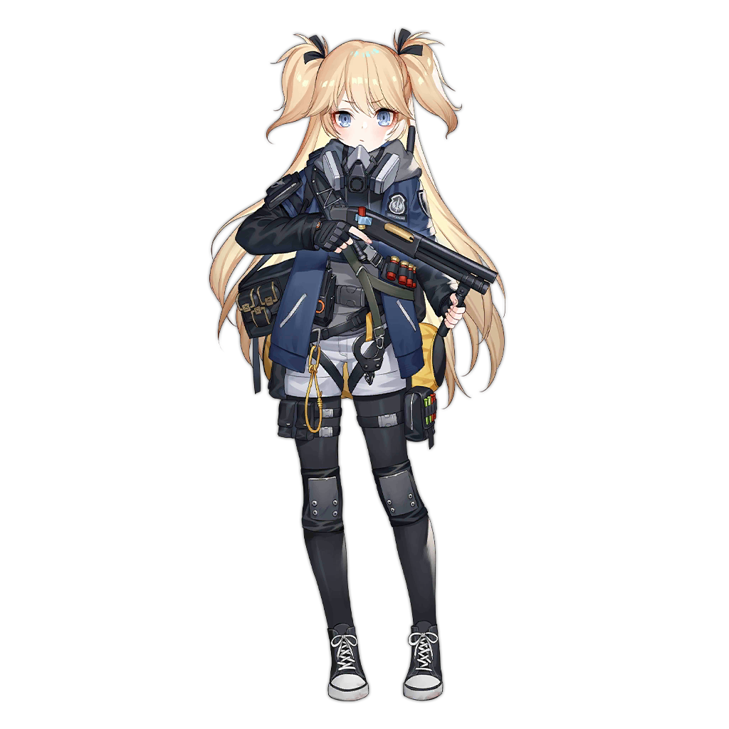1girl, black_bag, black_footwear, black_gloves, black_pantyhose, black_ribbon, blonde_hair, blue_eyes, blue_jacket, blush, closed_mouth, cuffs, fingerless_gloves, full_body, gas_mask, girls_frontline, gloves, gun, haijin, hair_between_eyes, hair_ribbon, handcuffs, holding, holding_gun, holding_weapon, jacket, knee_pads, light_frown, long_hair, long_sleeves, looking_at_viewer, mask, official_alternate_costume, official_art, open_clothes, pantyhose, ribbon, shoes, shorts, simple_background, snap-fit_buckle, sneakers, solo, straight-on, super-shorty_(bad_cop_for_life)_(girls'_frontline), super-shorty_(girls'_frontline), thigh_pouch, transparent_background, trigger_discipline, two_side_up, very_long_hair, weapon, white_shorts
