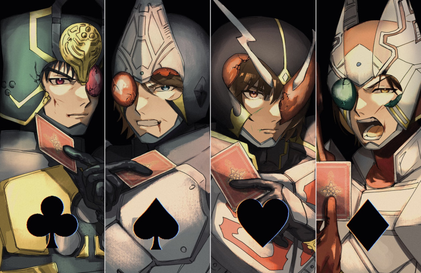 4boys, aikawa_hajime, armor, black_armor, black_background, broken_helmet, card, clover