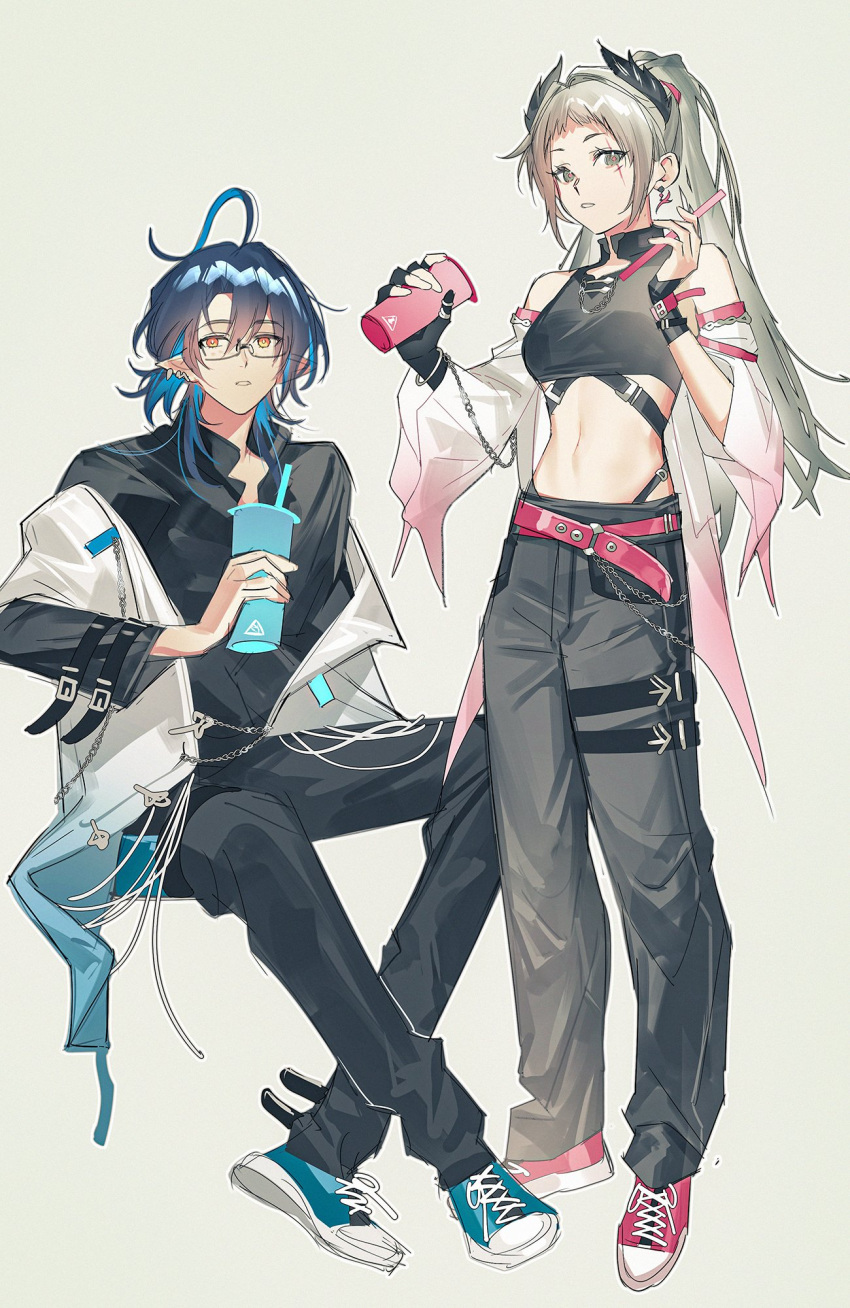1boy, 1girl, ahoge, alternate_costume, arknights, baggy_pants, bare_shoulders, belt