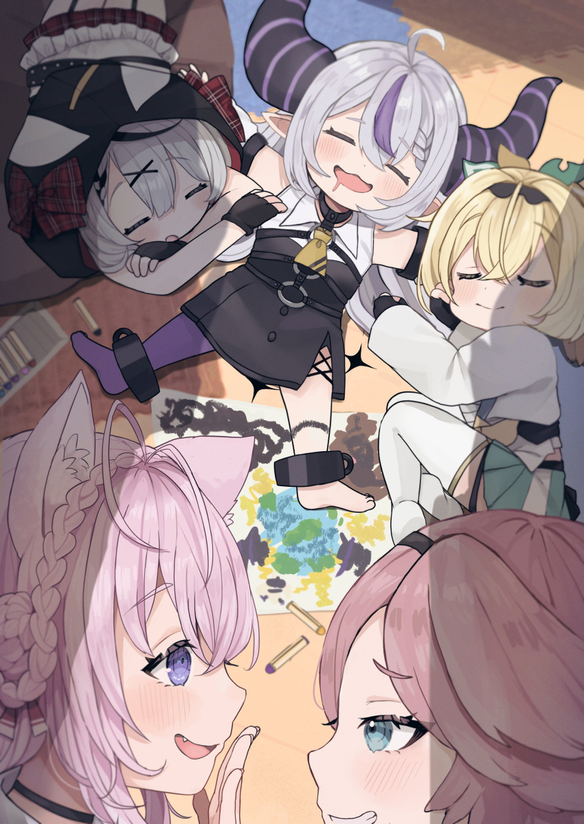 absurdres, aged_down, ahoge, animal_ears, asymmetrical_legwear, black_dress, blonde_hair, braid
