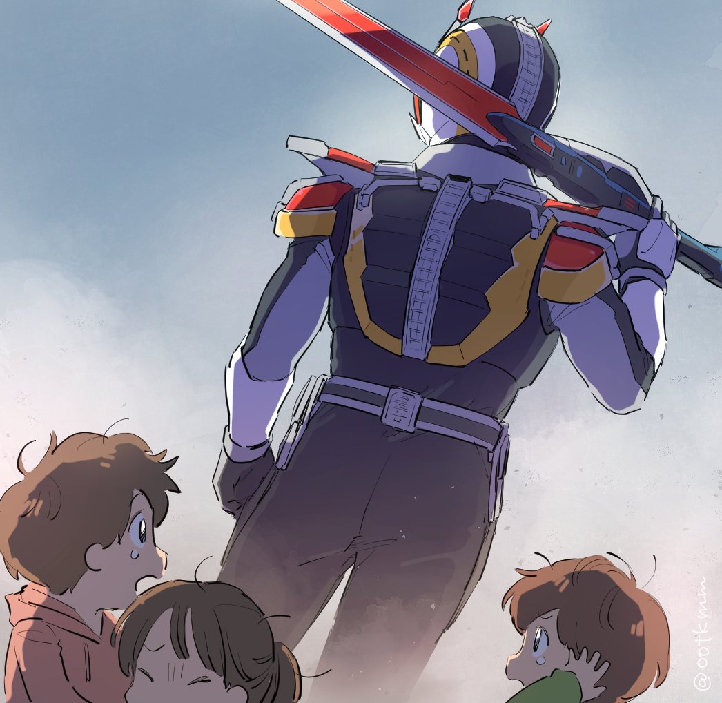 1girl, 3boys, back, bad_id, bad_twitter_id, blue_sky, brown_hair, closed_eyes, crying, crying_with_eyes_open, facing_away, female_child, holding, holding_sword, holding_weapon, kamen_rider, kamen_rider_den-o, kamen_rider_den-o_(series), male_child, multiple_boys, ootkmm, protecting, sky, sword, sword_form, tears, tokusatsu, weapon, white_armor