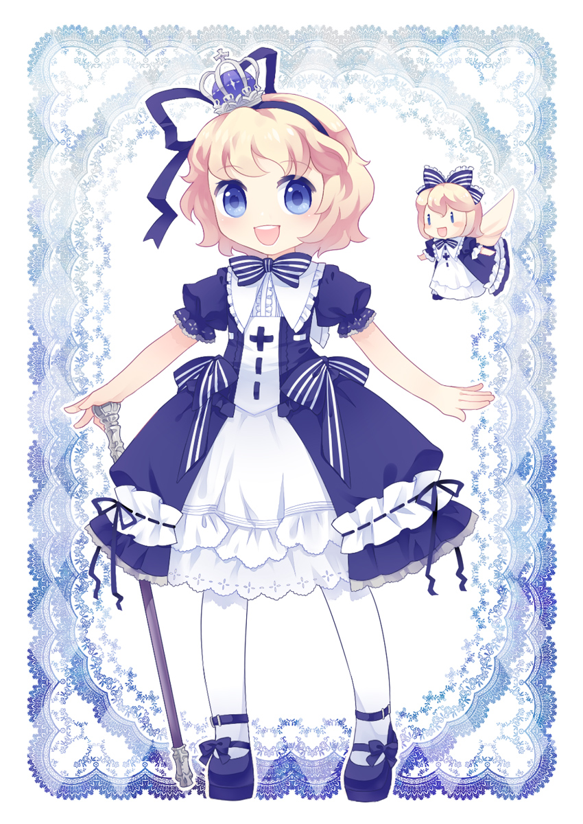 blue_eyes, cane, crown, highres, juuno_(nekoda), medicine_melancholy, nekoda_(artist), ribbon
