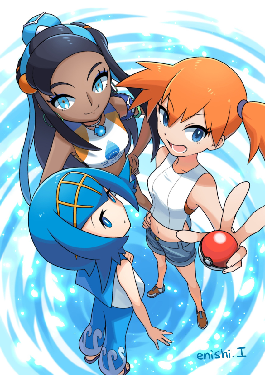 3girls, artist_name, asymmetrical_hair, blue_eyes, blue_hair, dark_skin, denim, denim_shorts
