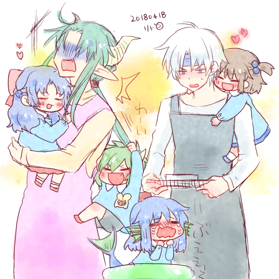2boys, 4girls, aged_down, arle_nadja, blue_hair, blue_hairband, blush, brown_hair, closed_eyes, crying, draco_centauros, green_hair, hairband, heart, horns, long_sleeves, madou_monogatari, mermaid, monster_girl, multiple_boys, multiple_girls, puyopuyo, red_ribbon, ri25to, ribbon, rulue_(puyopuyo), satan_(puyopuyo), schezo_wegey, school_uniform, serilly_(puyopuyo), short_hair, side_ponytail, white_hair