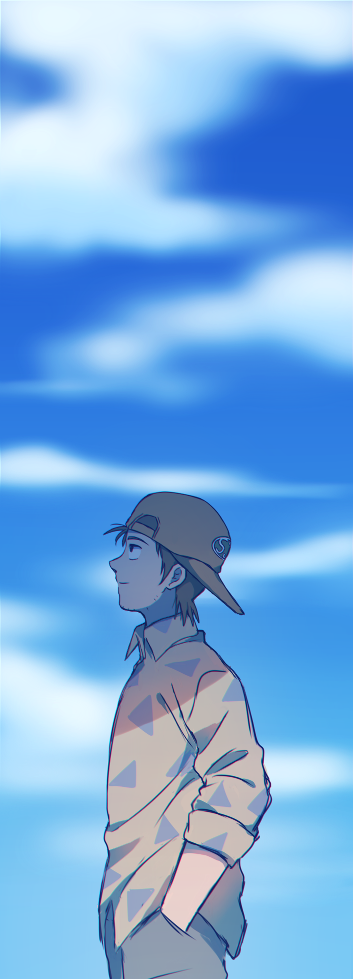 1boy, azuma_junpei, backwards_hat, baseball_cap, black_eyes, blue_sky, brown_hair, cross_game