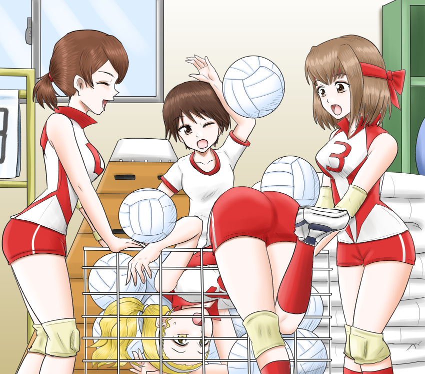 4girls, arm_up, bent_over, blonde_hair, brown_eyes, brown_hair, closed_eyes, commentary, elbow_pads, frown, girls_und_panzer, gym_shirt, gym_uniform, hair_pulled_back, hair_tie, hairband, harukai-i, headband, highres, indoors, isobe_noriko, kawanishi_shinobu, knee_pads, kondou_taeko, leaning_forward, leg_up, long_hair, looking_at_another, medium_hair, multiple_girls, one_eye_closed, open_mouth, ponytail, red_headband, red_shirt, red_shorts, red_socks, sasaki_akebi, shirt, short_hair, short_ponytail, short_shorts, short_sleeves, shorts, single_vertical_stripe, sleeveless, sleeveless_shirt, smile, socks, sportswear, standing, sweatdrop, t-shirt, vaulting_horse, volleyball, volleyball_uniform, white_hairband, white_shirt, window, wristband