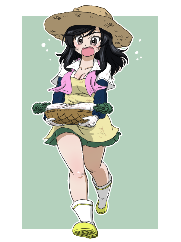 1girl, apron, basket, belle_(girls_und_panzer), black_eyes, black_hair, blue_shirt, boots