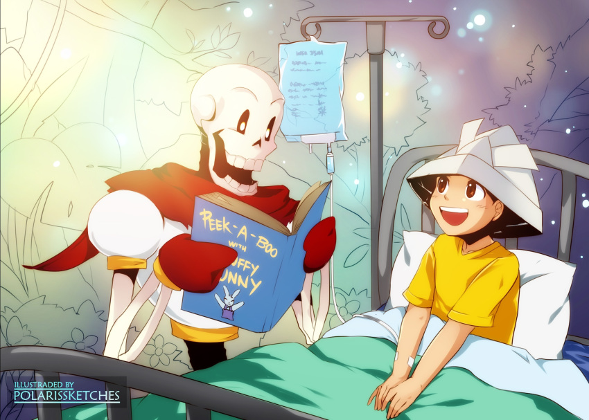 2boys, :d, artist_name, bed, book, boy_(rakuen), brown_eyes, commentary, commission, crossover, english_commentary, highres, intravenous_drip, male, male_focus, multiple_boys, open_mouth, paper_hat, papyrus_(undertale), pillow, polaris_(polarissketches), rakuen, rakuen_(series), reading, red_mittens, red_scarf, scarf, shirt, skeleton, smile, under_covers, undertale, yellow_shirt