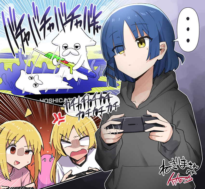 ..., 4girls, absurdres, ahoge, anger_vein, angry, animal, black_hoodie