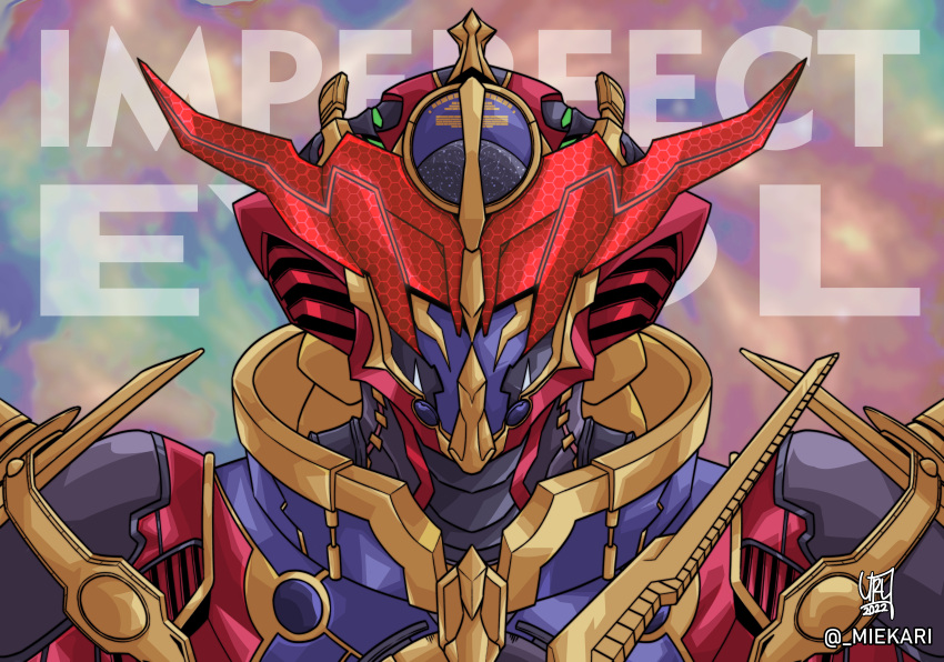 1boy, 2022, absurdres, blue_armor, cobra_(animal), collar, compound_eyes, english_text, evolto, gold_armor, highres, kamen_rider, kamen_rider_build_(series), kamen_rider_evol, mie_kari, multicolored_background, red_eyes, science_fiction, solo, tokusatsu, twitter_username