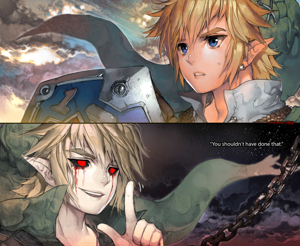 2boys, ben_drowned, black_sclera, blonde_hair, blood, blood_from_eyes, blue_eyes, chain