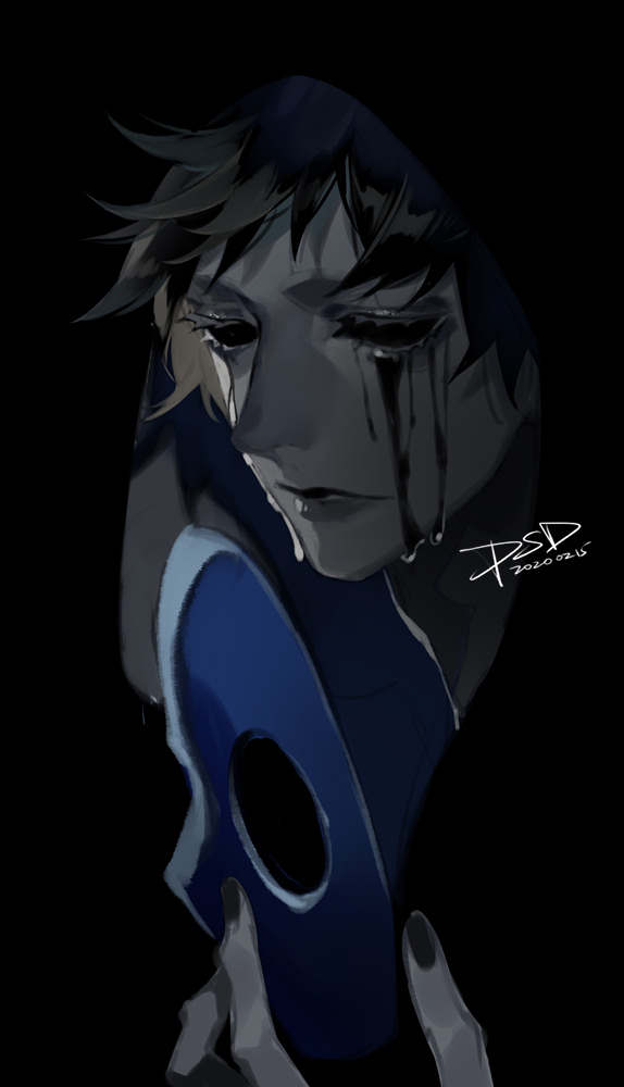 1boy, artist_name, black_nails, black_tears, blue_mask, creepypasta, dark, dark_background