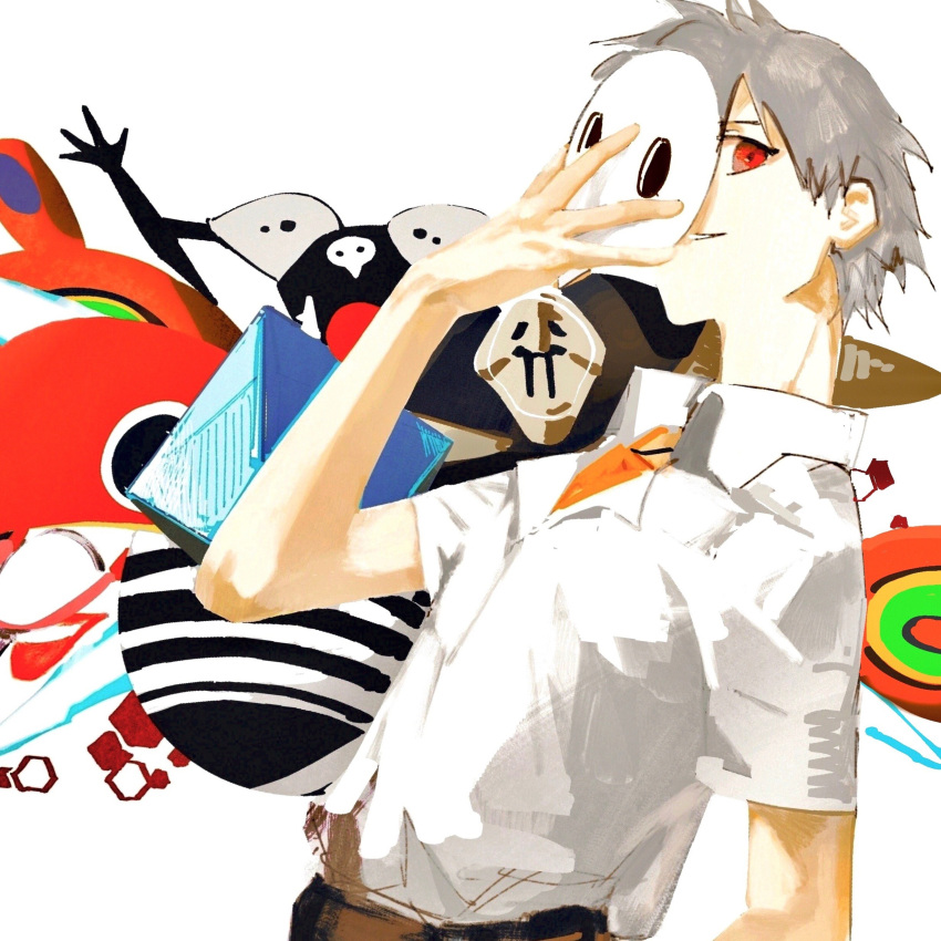 1boy, 7enn, absurdres, angel_(evangelion), belt, black_pants, brown_belt, collared_shirt