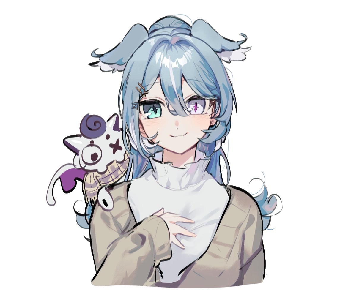 1girl, blue_eyes, blue_hair, blue_wings, brown_cardigan, cardigan, closed_mouth, cropped_torso