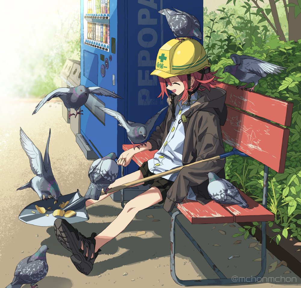 1girl, ^_^, animal, animal_on_arm, animal_on_head, bare_legs, bench, bird, bird_feeding, bird_on_arm, bird_on_head, black_footwear, black_shorts, brown_jacket, bush, chips_(food), closed_eyes, commentary_request, day, feeding, food, from_side, full_body, grey_shirt, hand_up, hardhat, helmet, hood, hood_down, hooded_jacket, jacket, mchonmchon, medium_hair, on_bench, on_head, open_clothes, open_jacket, open_mouth, orange_hair, original, outdoors, oversized_clothes, park_bench, pigeon, potato_chips, shirt, shoe_soles, shoes, short_shorts, shorts, shovel, sitting, sleeves_past_fingers, sleeves_past_wrists, smile, sneakers, solo, translation_request, trash_can, tree, twitter_username, vending_machine, watermark, wooden_bench, yellow_headwear