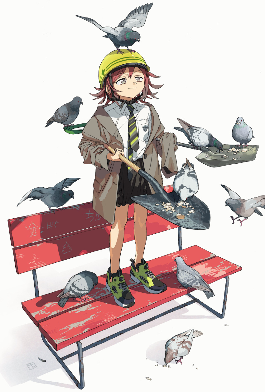 1girl, absurdres, ai_ai_gasa, animal, animal_on_head, bare_legs, bench, bird