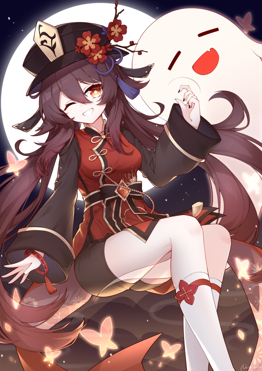 1girl, ;d, absurdres, ass, black_shorts, boo_tao_(genshin_impact), brown_hair, chinese_clothes