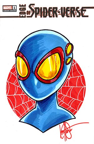1boy, blue_mask, colored_pencil_(medium), comic_cover, english_commentary, graphite_(medium), ken_haeser, lens, lowres, male_focus, marvel, official_art, portrait, signature, sketch, solo, spider-boy_(spider-man), spider-man:_into_the_spider-verse, spider-man_(series), spider_web_print, superhero, traditional_media, western_comics_(style)